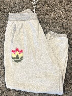Adidas Grey Sweatpants with Pink Yellow and Green textured logos